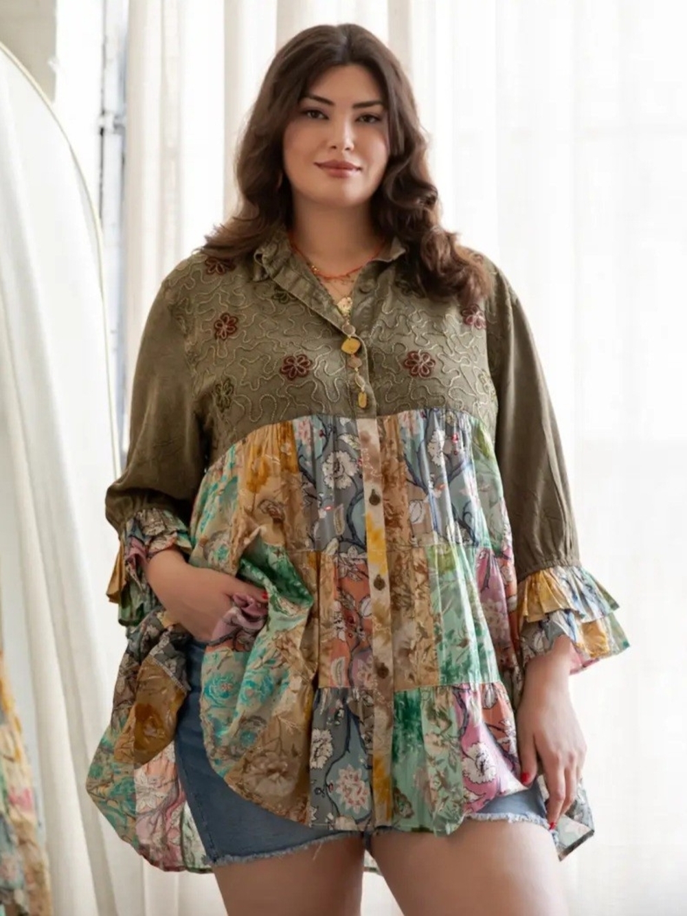 Boho Olive Tiered Patchwork Ruffle Tunic Top